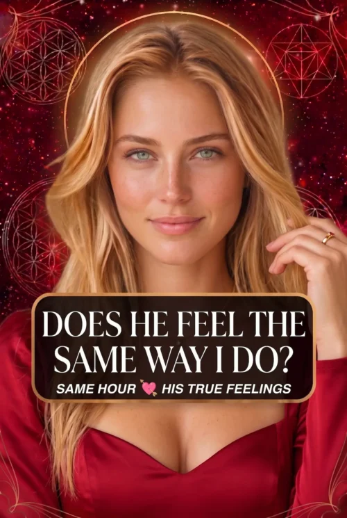 Blonde reader wearing red on a celestial cover titled Does He Feel the Same Way I Do, His True Feelings.