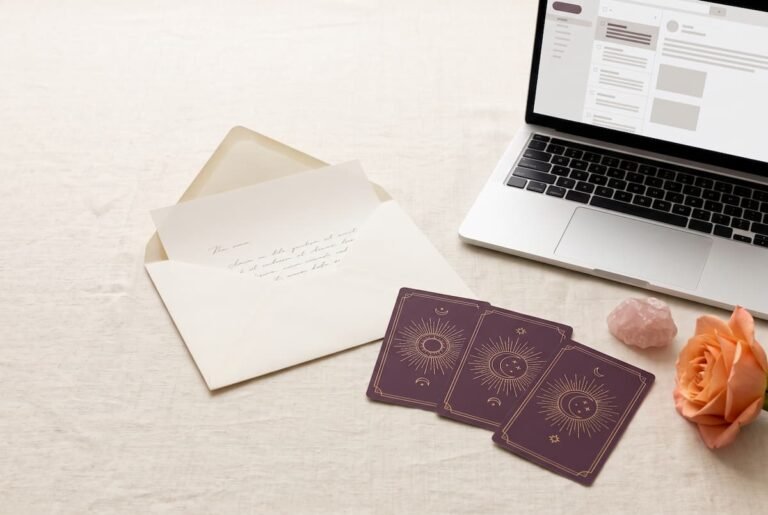Laptop displaying an email beside an open envelope, purple tarot cards, rose quartz and a peach rose