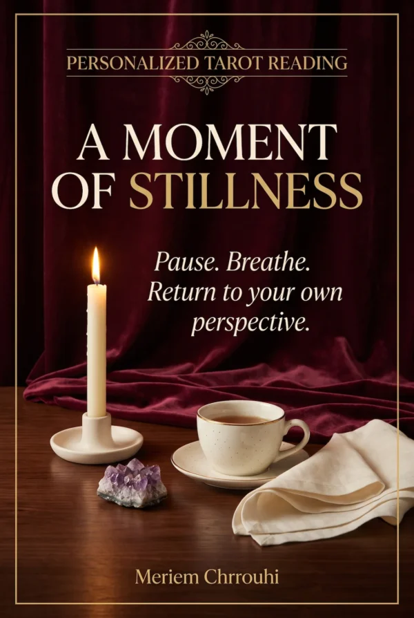 A Moment of Stillness — Spiritual Gallery | Meriem Chrrouhi A Moment of Stillness: candlelight, amethyst and tea arranged for quiet reflection.
