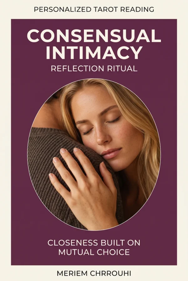 Consensual intimacy reflection ritual cover with a woman resting against her partner’s shoulder.