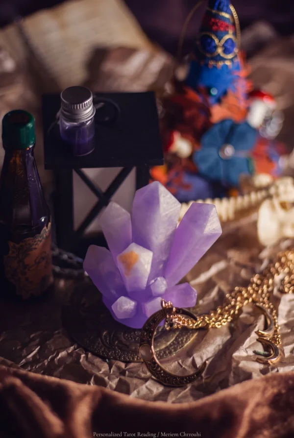 Purple Crystal Spiritual Still Life | Meriem Chrrouhi Lavender crystal-shaped ornament with a gold pendant, lantern and bottles on warm fabric.