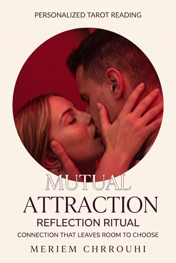Mutual attraction ritual cover showing a couple sharing a gentle kiss in ruby-red light.
