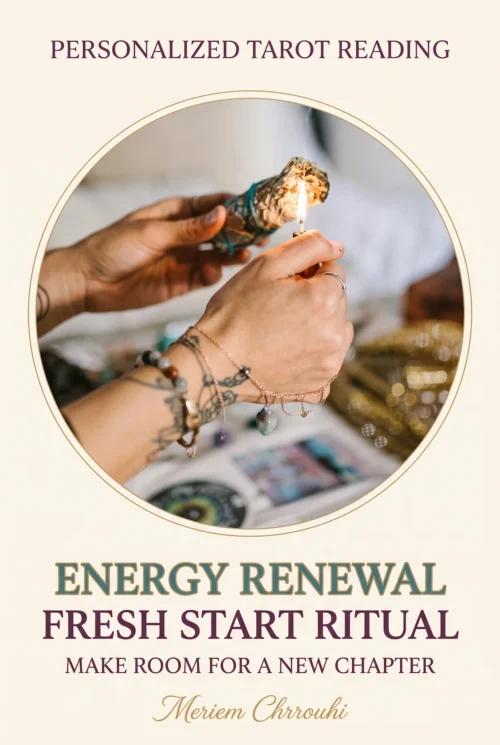 Energy Renewal and Fresh Start Ritual | Meriem Chrrouhi Energy Renewal and Fresh Start Ritual — close-up hands lighting a tied herb bundle over a softly blurred spiritual tabletop