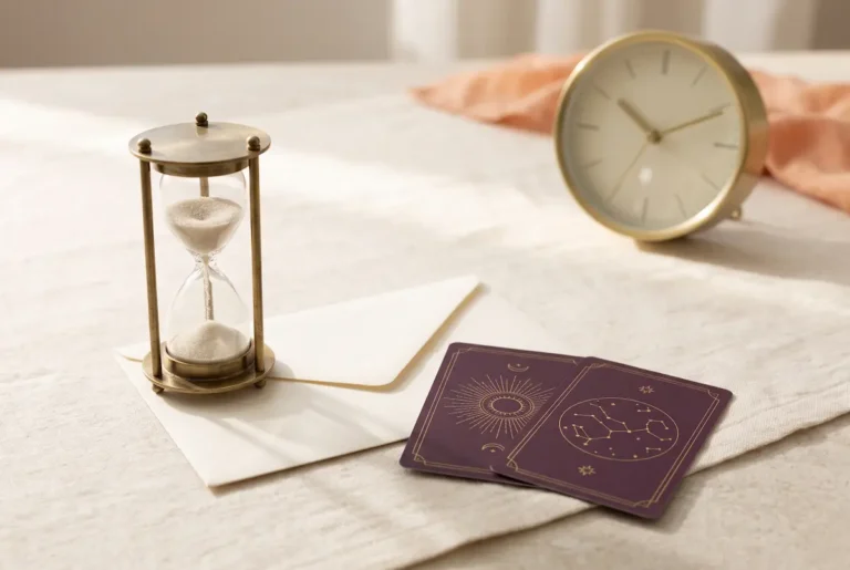 Hourglass, clock and purple tarot cards beside an envelope illustrating tarot reading delivery times