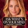 Blonde reader in burgundy with a crescent pendant on a cover titled Ask What Is on Your Mind, Three Answers.