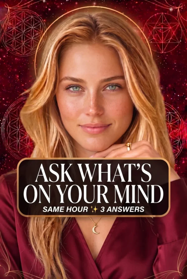 Blonde reader in burgundy with a crescent pendant on a cover titled Ask What Is on Your Mind, Three Answers.