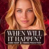 Blonde reader wearing burgundy and a crescent necklace on a red celestial cover titled When Will It Happen.