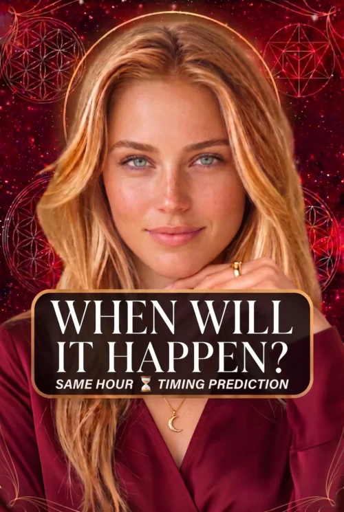 Blonde reader wearing burgundy and a crescent necklace on a red celestial cover titled When Will It Happen.