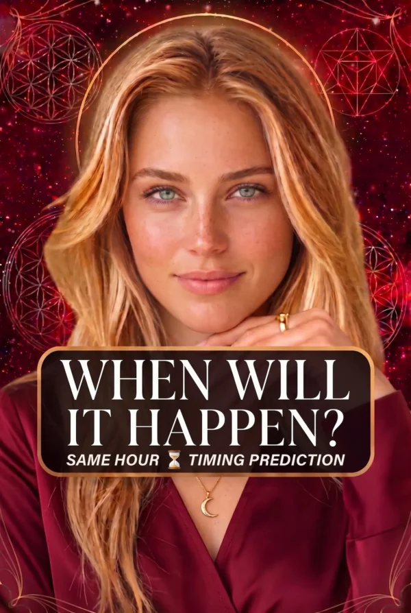 Blonde reader wearing burgundy and a crescent necklace on a red celestial cover titled When Will It Happen.