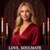 Love, Soulmate and Twin Flame Tarot cover featuring Meriem Chrrouhi in ruby red with a gold moon pendant.