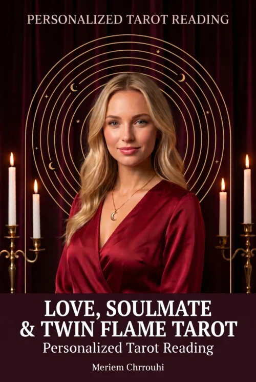 Love, Soulmate and Twin Flame Tarot cover featuring Meriem Chrrouhi in ruby red with a gold moon pendant.