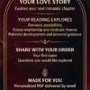 Your Love Story — Relationship and Soulmate Reading Details Your Love Story: romantic possibilities, future relationships and soulmate themes, with personalized PDF delivery by email.