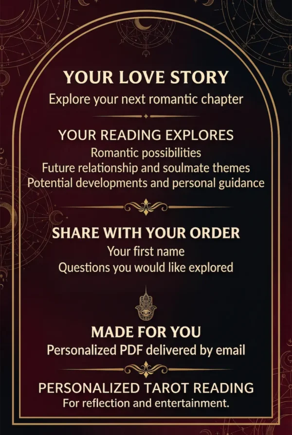 Your Love Story — Relationship and Soulmate Reading Details Your Love Story: romantic possibilities, future relationships and soulmate themes, with personalized PDF delivery by email.