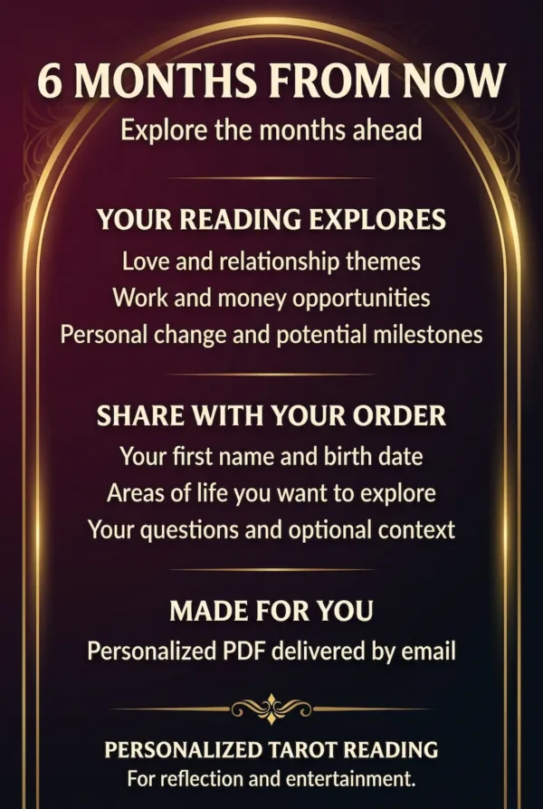 Six Months from Now — Future Tarot Reading Guide Six Months from Now tarot guide covering love, work, money and personal milestones, framed by a glowing gold arch.