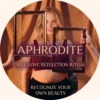 Aphrodite Self-Love Reflection Ritual — a blonde woman in a burgundy top behind overlapping antique picture frames against golden drapery
