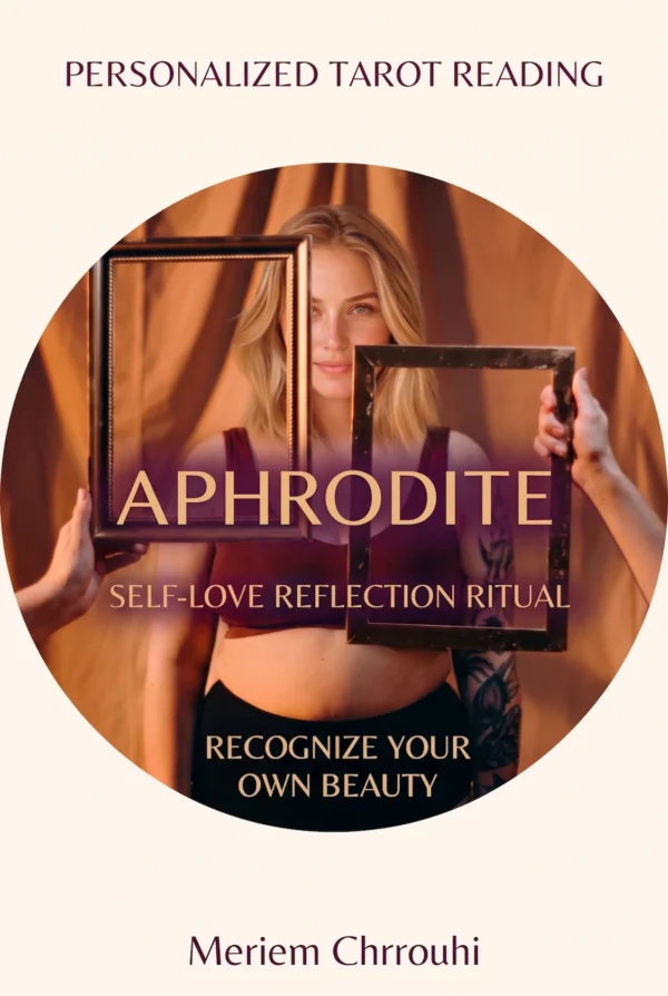 Aphrodite Self-Love Reflection Ritual — a blonde woman in a burgundy top behind overlapping antique picture frames against golden drapery