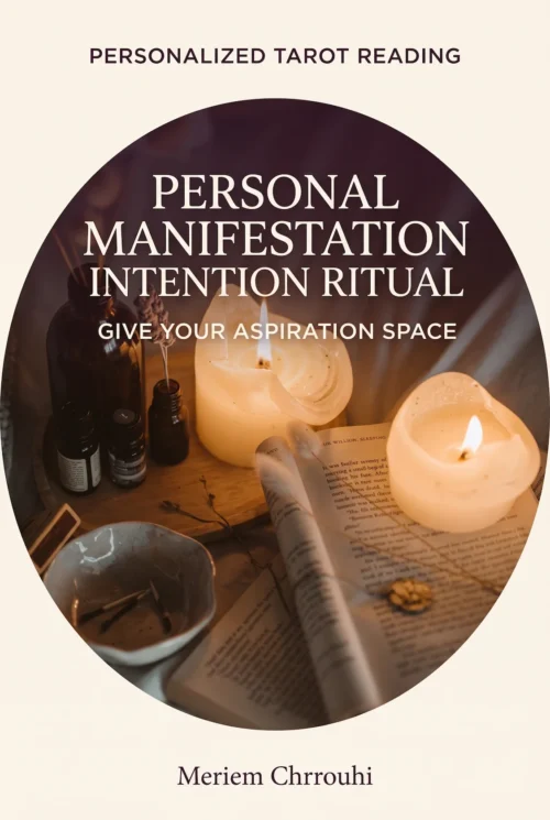 Personal Manifestation Intention Ritual | Meriem Chrrouhi Personal Manifestation Intention Ritual — glowing ivory candles, botanical bottles, an open book and a ceramic bowl in a warm spiritual still life