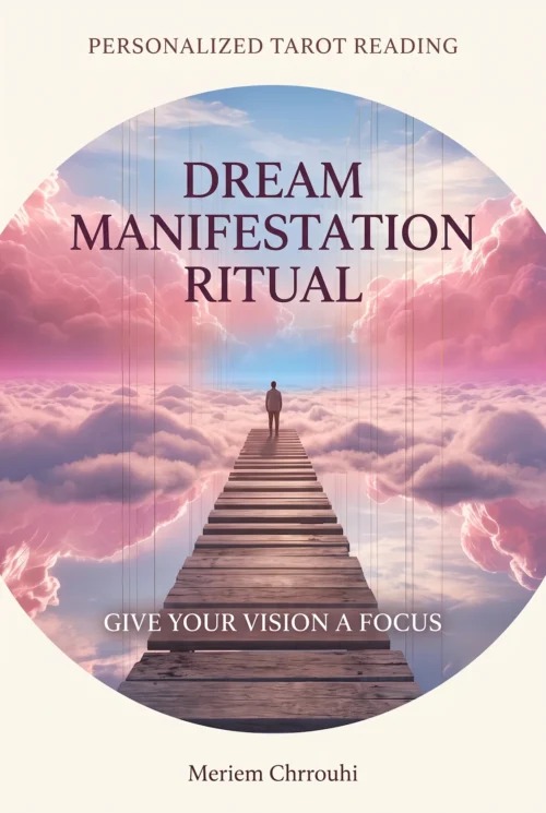 Dreams and Personal Goals Ritual | Meriem Chrrouhi Dream Manifestation Ritual — a suspended wooden path through pink and lavender clouds, with a small distant figure
