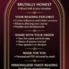 Brutally Honest tarot reading guide listing current influences, hidden concerns, questions and personalized PDF delivery.
