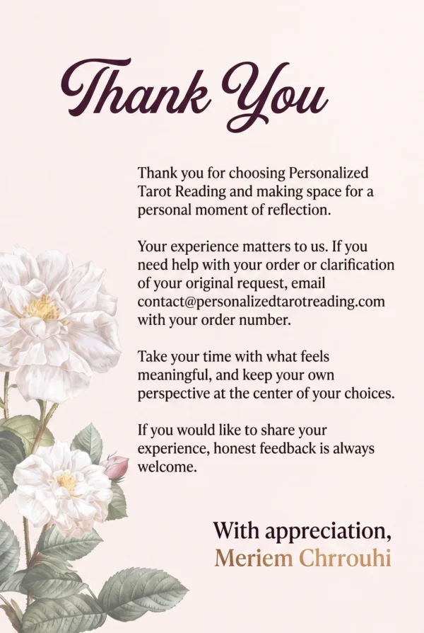 Thank You and Order Support | Personalized Tarot Reading Thank-you card from Meriem Chrrouhi with order support information and white flowers.