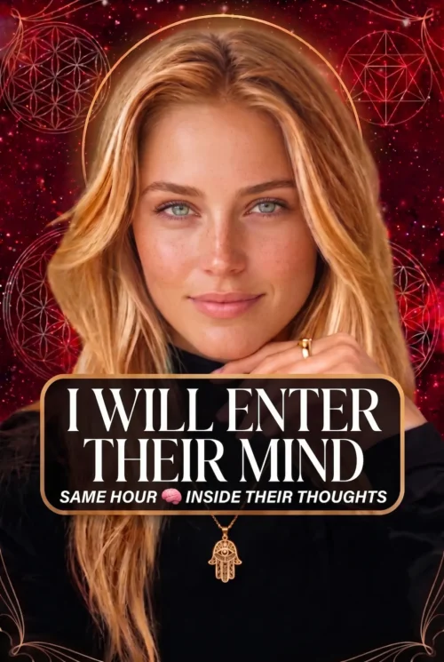 Blonde reader in black with a gold pendant on a red celestial background, titled I Will Enter Their Mind.