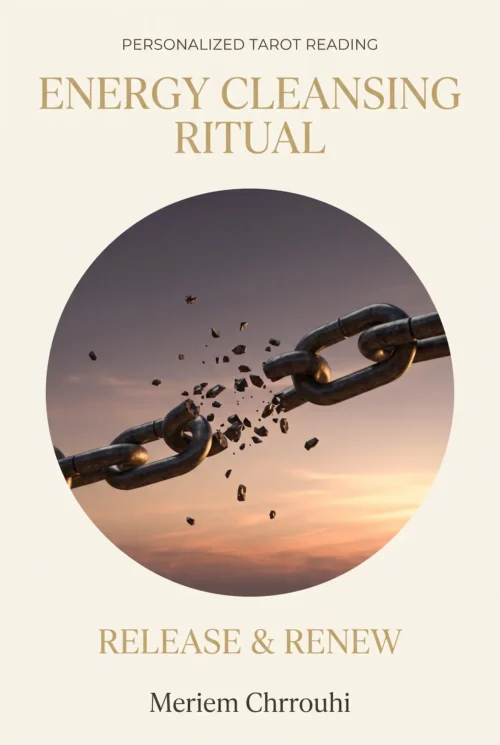 Energy Cleansing Ritual — a heavy chain breaking across a peach sunset, with suspended metal fragments