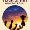 Team Spirit and Game Day Ritual | Meriem Chrrouhi Team Spirit Game Day Ritual — raised-arm silhouettes and a trophy at the right against a blue and gold sunset