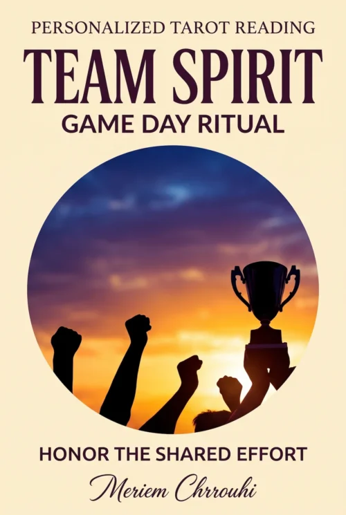 Team Spirit Game Day Ritual — raised-arm silhouettes and a trophy at the right against a blue and gold sunset