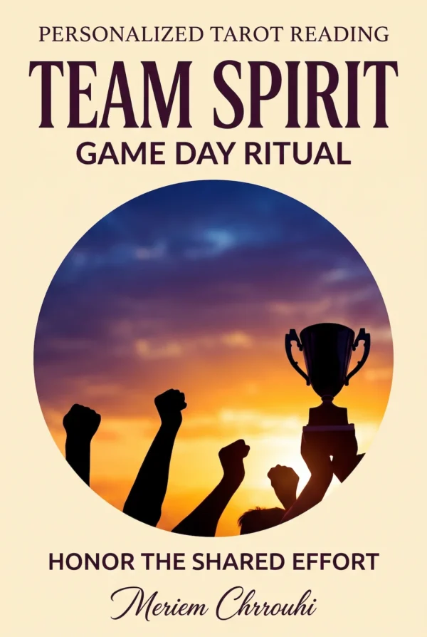 Team Spirit and Game Day Ritual | Meriem Chrrouhi Team Spirit Game Day Ritual — raised-arm silhouettes and a trophy at the right against a blue and gold sunset