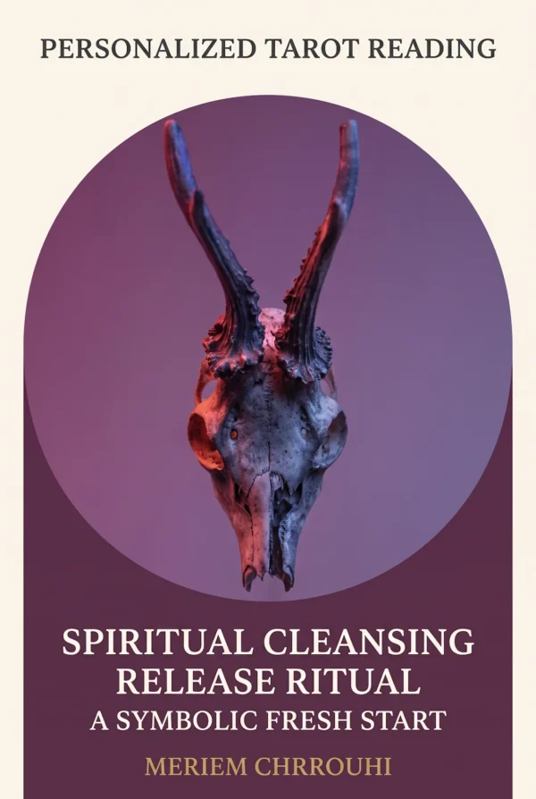 Spiritual cleansing ritual cover featuring a horned animal skull against violet with red and blue lighting.