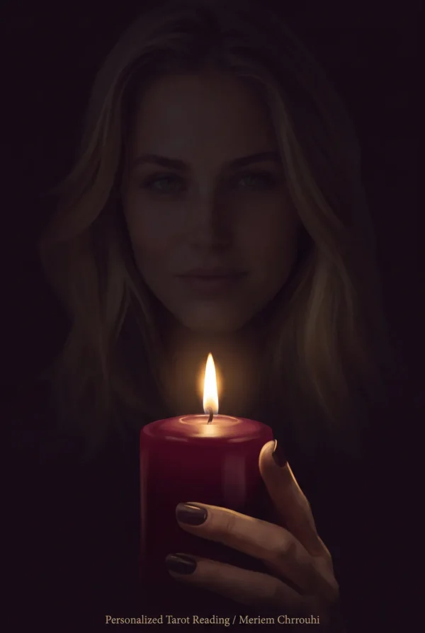 Red Candle Reflection Gallery Image | Meriem Chrrouhi Red candle in the foreground with a softly shadowed blonde woman behind it.
