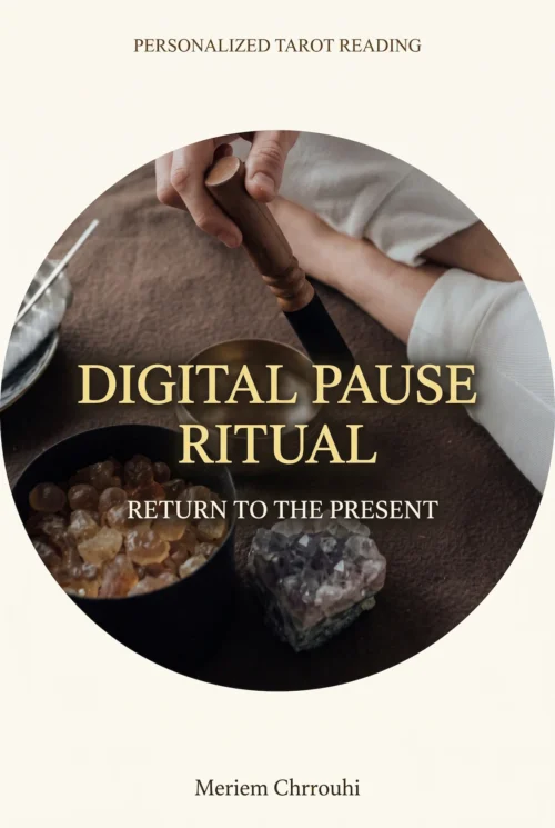 Digital Pause and Presence Ritual | Meriem Chrrouhi Digital Pause Ritual — hand holding a mallet over a bronze singing bowl beside amber resin and a pale crystal