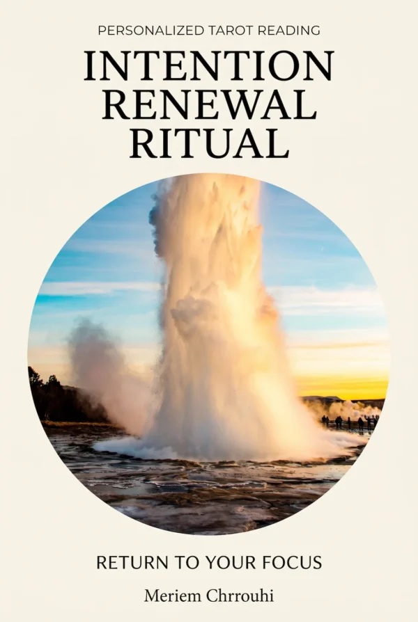 Intention Renewal Ritual | Meriem Chrrouhi Intention Renewal Ritual — a tall geyser rising against a blue sky and gold sunset, with distant onlookers