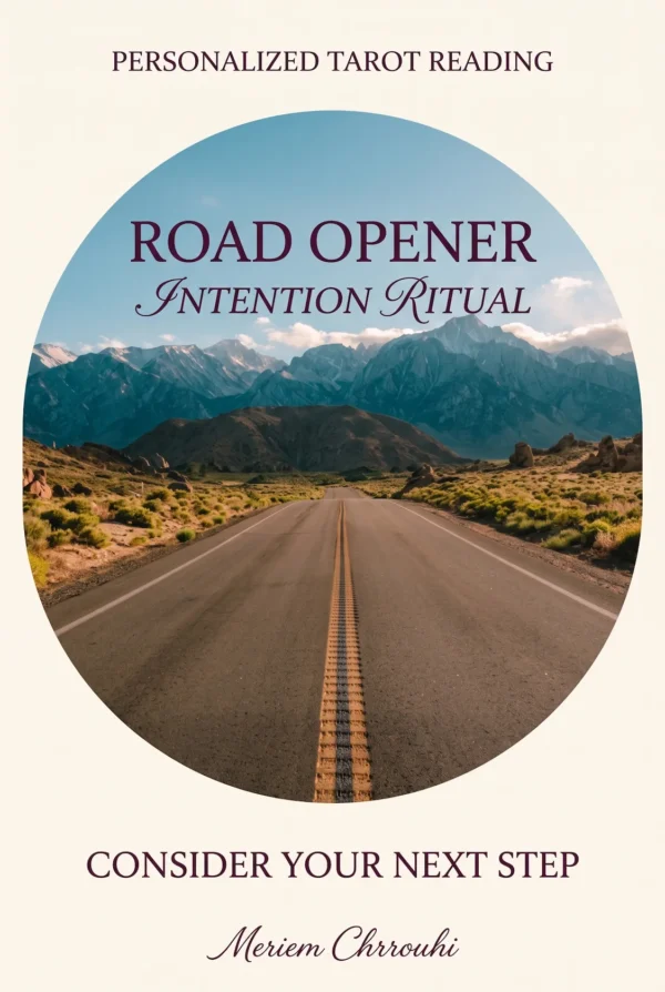 Road Opening Intention Ritual — a centered empty road leading toward teal mountain peaks beneath a clear blue sky