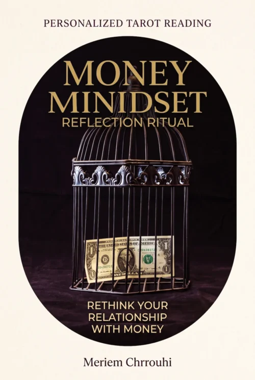 Money Mindset Reflection Ritual | Meriem Chrrouhi Money Mindset Reflection Ritual — a decorative metal birdcage containing one banknote, on dark plum fabric with gold lettering