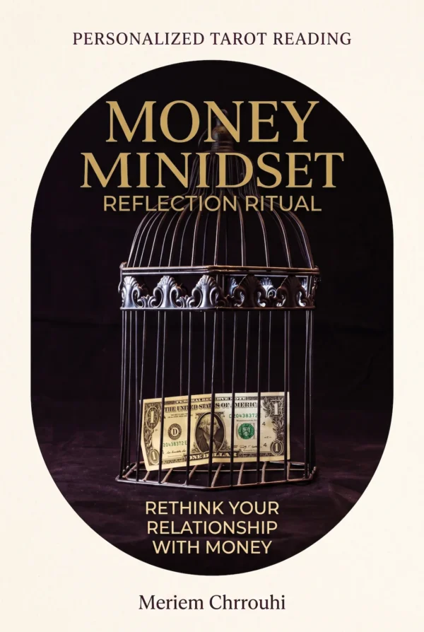 Money Mindset Reflection Ritual — a decorative metal birdcage containing one banknote, on dark plum fabric with gold lettering