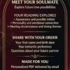 Meet Your Soulmate reading guide listing appearance, personality, emotional connection and order details in a gold celestial frame.