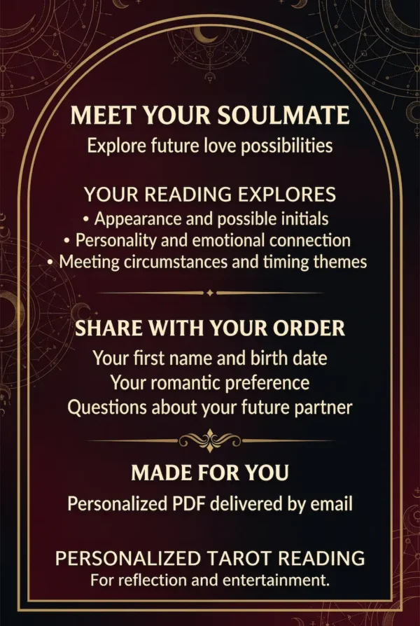 Meet Your Soulmate reading guide listing appearance, personality, emotional connection and order details in a gold celestial frame.