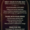 Meet Your Future Self: reading details about personal patterns, confidence, priorities and the life you hope to build.