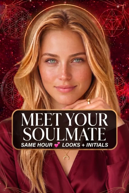 Blonde reader in burgundy with a crescent pendant beneath the title Meet Your Soulmate, Looks and Initials.