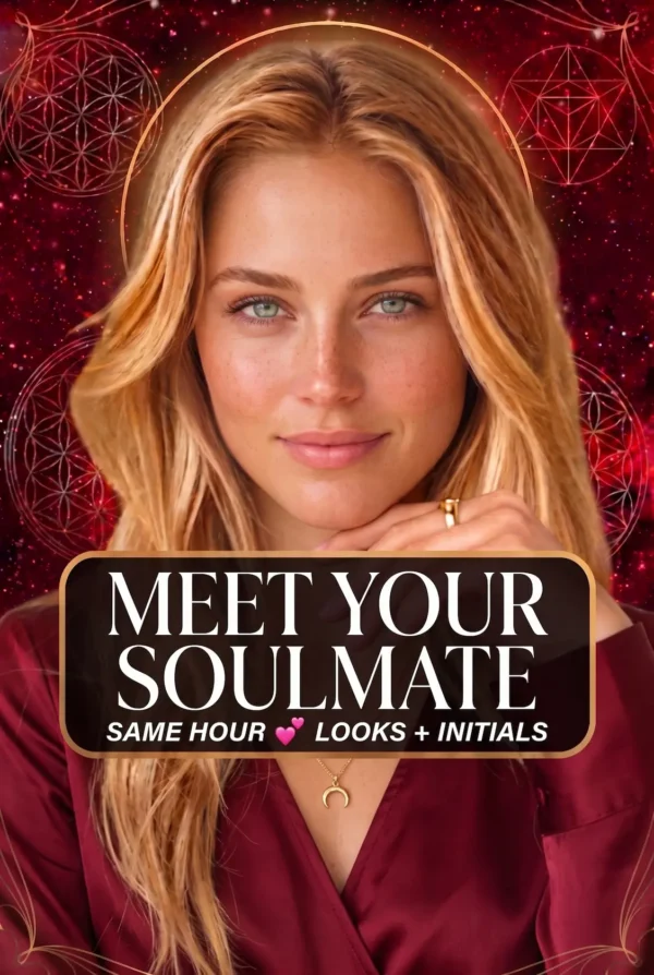 Blonde reader in burgundy with a crescent pendant beneath the title Meet Your Soulmate, Looks and Initials.