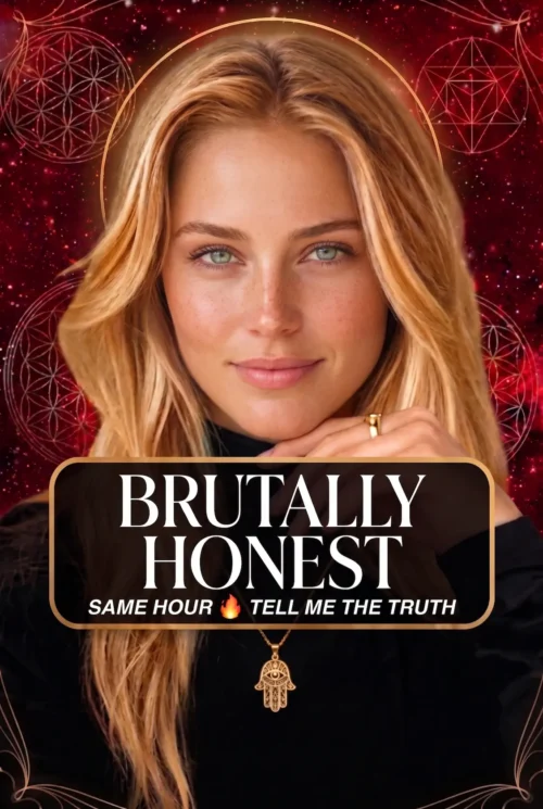 Blonde reader in black with a gold pendant on a red celestial background, titled Brutally Honest, Tell Me the Truth.