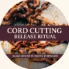 Cord Cutting and Release Ritual — overlapping weathered iron chains on pale stone, with clear ivory lettering on plum panels