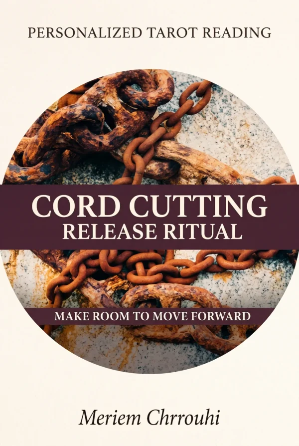 Cord Cutting and Release Ritual — overlapping weathered iron chains on pale stone, with clear ivory lettering on plum panels