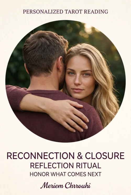 Reconnection and Closure Reflection Ritual — a blonde woman in a warm embrace, with the man turned away against a softly lit outdoor background