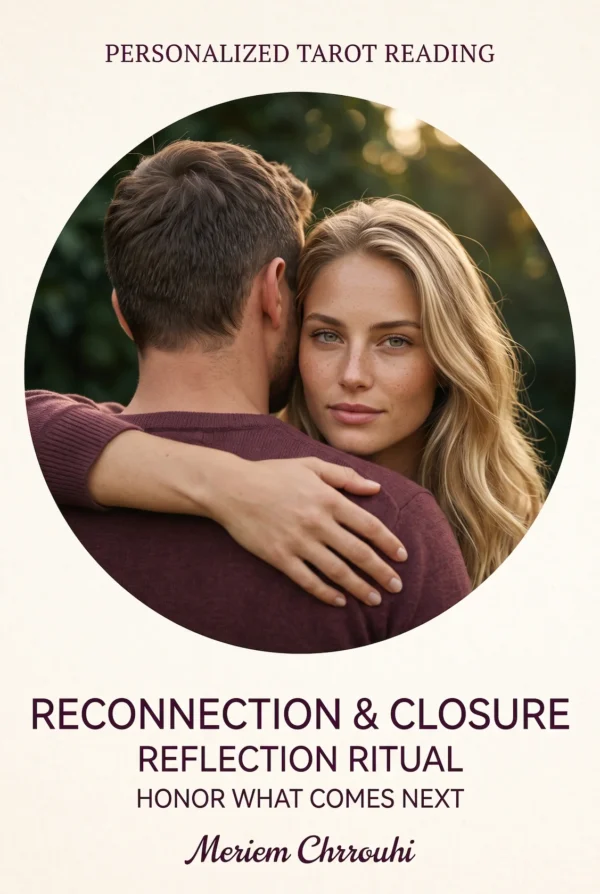 Reconnection and Closure Reflection Ritual — a blonde woman in a warm embrace, with the man turned away against a softly lit outdoor background
