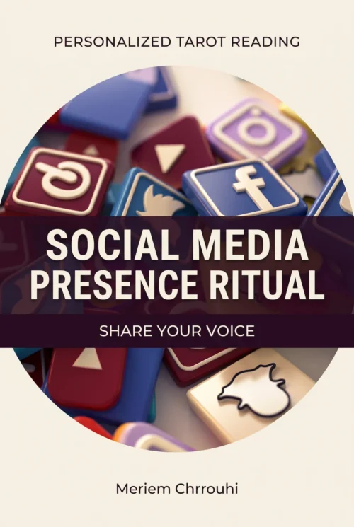 Social Media Presence Ritual — overlapping blue, violet and burgundy social platform tiles in a circular photographic composition