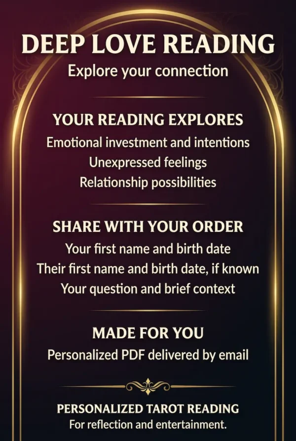 Deep Love Reading — Feelings and Relationship Guide Deep Love Reading guide covering emotional investment, unexpressed feelings and relationship possibilities in a gold arch.