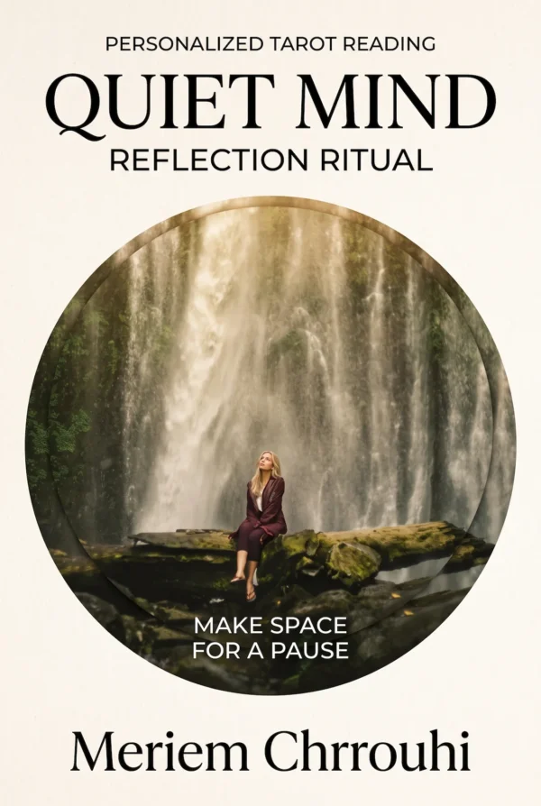 Quiet Mind Reflection Ritual — a blonde woman seated on a mossy log beneath a tall waterfall, looking gently upward