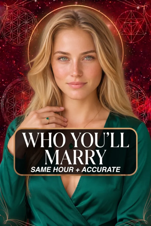 Blonde reader wearing emerald green and a green gemstone ring on a celestial cover titled Who You Will Marry.